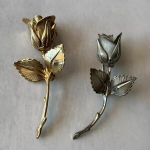 Vintage Signed Giovanni two long stem Roses Flowers Brooch Pin gold silver